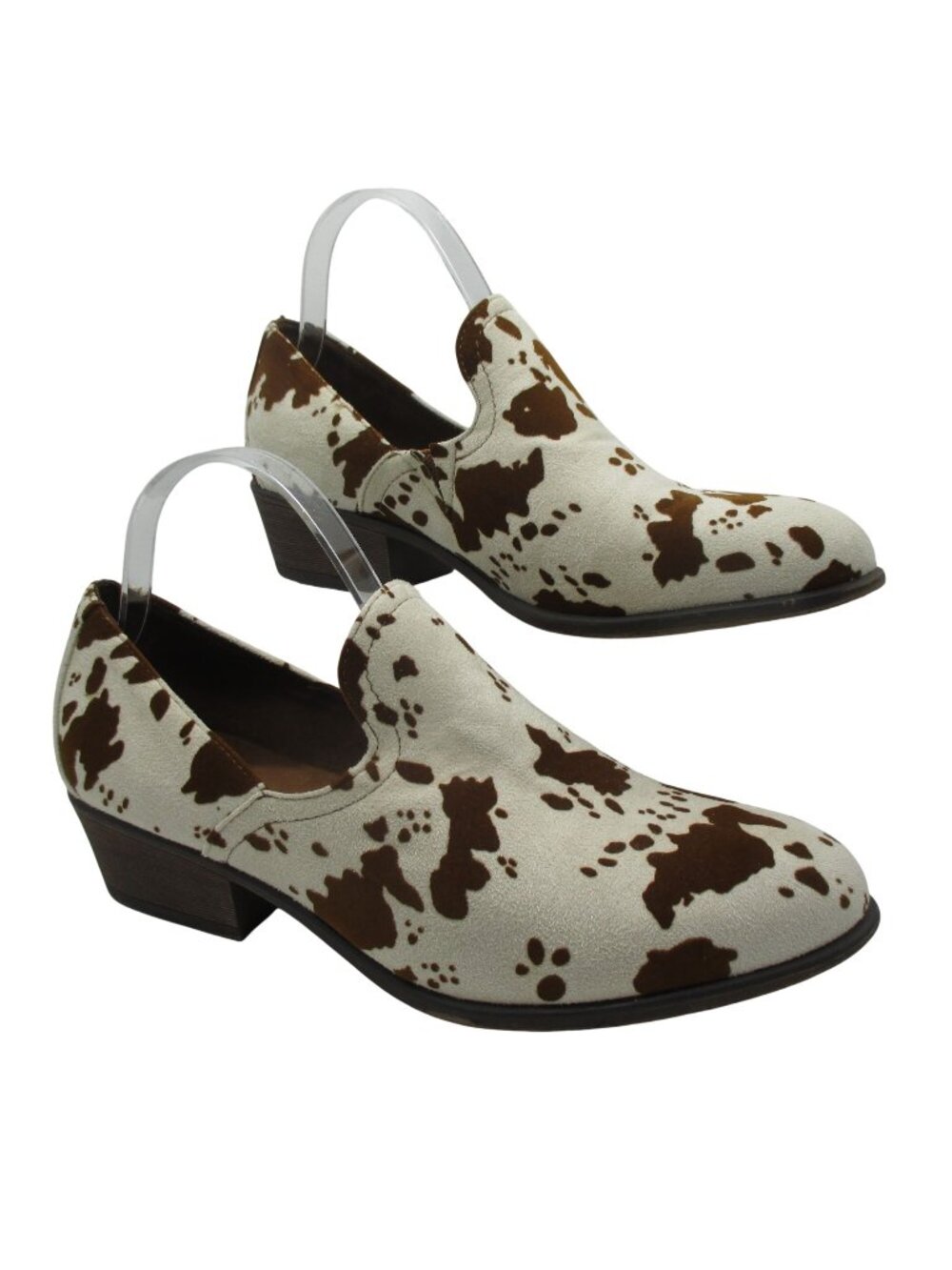 Pierre Dumas Brown Cow Hide Print Slip-on Mid Heel Loafers Faux Suede Size 10